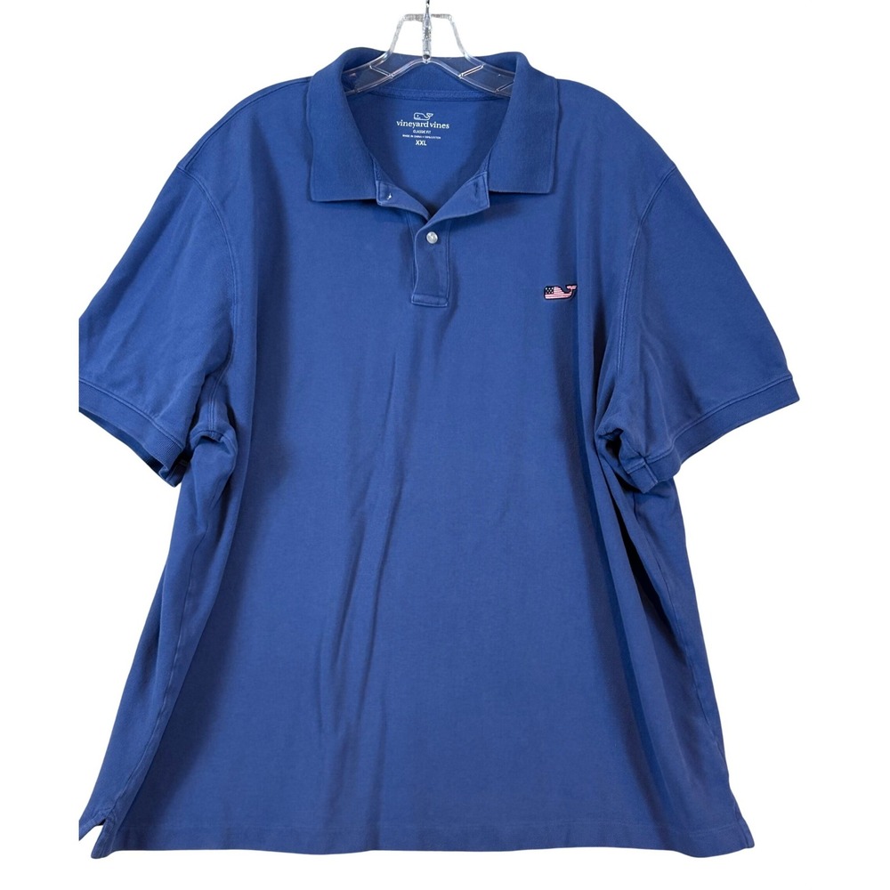 Vineyard Vines Mens XXL Blue Classic Fit American Flag Whale Logo Polo Shirt